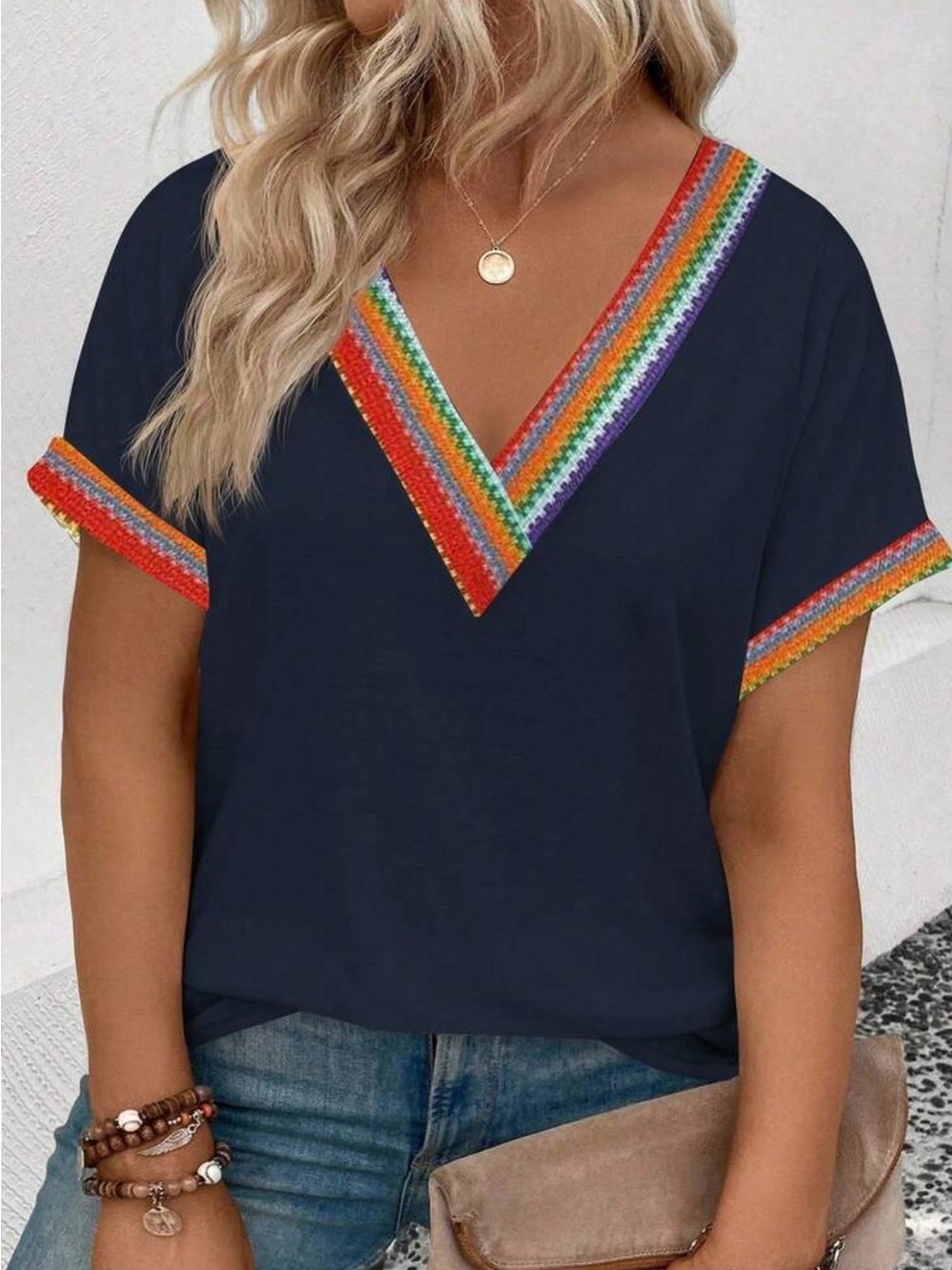V-Neck Navy Top with Rainbow Trim